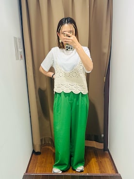 「ITEMS URBANRESEARCH（アイテムズ アーバンリサーチ）の『イージーケア/接触冷感/UVカット』SMOOTH LINEN TOUCH ワイドパンツ（その他パンツ、グリーン系）」を使った、KAMEさん（レディース・160cm）の夏コーディネート