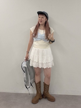 「w closet（ダブルクローゼット）のスカラップレーススカパン（その他パンツ、ホワイト系）」を使った、あみこさん（レディース・156cm）の夏コーディネート