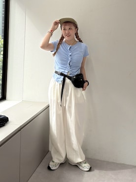 「w closet（ダブルクローゼット）のイージーギャザーPT（その他パンツ、ホワイト系）」を使った、あみこさん（レディース・156cm）の夏コーディネート