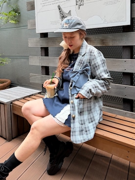 「w closet（ダブルクローゼット）のリボンジャケット（テーラードジャケット、ブルー系）」を使った、あみこさん（レディース・156cm）の夏コーディネート