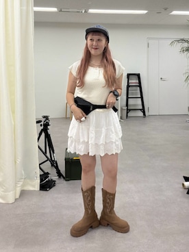 「w closet（ダブルクローゼット）のスカラップレーススカパン（その他パンツ、ホワイト系）」を使った、あみこさん（レディース・156cm）の夏コーディネート