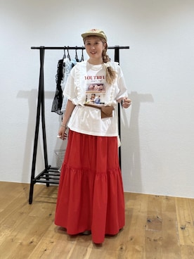 「w closet（ダブルクローゼット）のレース切替キャミワンピース（ワンピース、レッド系）」を使った、あみこさん（レディース・156cm）の夏コーディネート