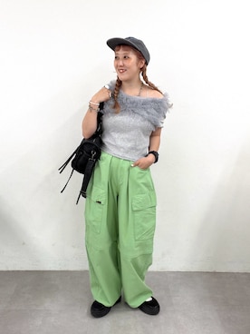 「w closet（ダブルクローゼット）のフリフリドットチュールTee（Tシャツ/カットソー、グレー系）」を使った、あみこさん（レディース・156cm）の夏コーディネート