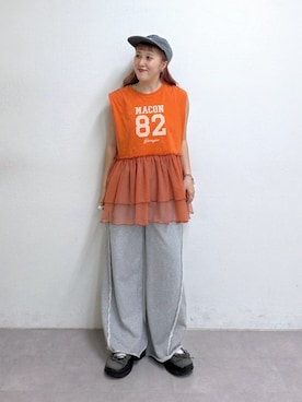 「w closet（ダブルクローゼット）のナンバリングギャザーT（Tシャツ/カットソー、オレンジ系）」を使った、あみこさん（レディース・156cm）の春コーディネート
