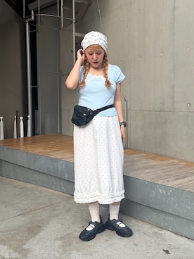 「w closet（ダブルクローゼット）のレース花柄ビーニー（キャップ、ホワイト系）」を使った、あみこさん（レディース・156cm）の春コーディネート
