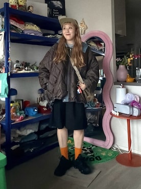 「w closet（ダブルクローゼット）のリバーシブルモンスターパーカー（モッズコート、ブルー系）」を使った、あみこさん（レディース・156cm）の秋コーディネート