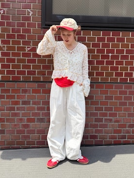 「w closet（ダブルクローゼット）のレースリボンボレロ（シャツ/ブラウス、オレンジ系）」を使った、あみこさん（レディース・156cm）の夏コーディネート