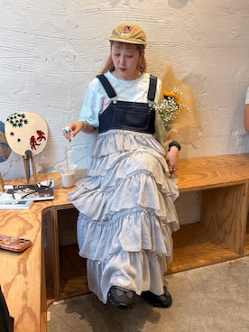 「w closet（ダブルクローゼット）のフリルティアードジャンパースカート（ワンピース、ブルー系）」を使った、あみこさん（レディース・156cm）の夏コーディネート
