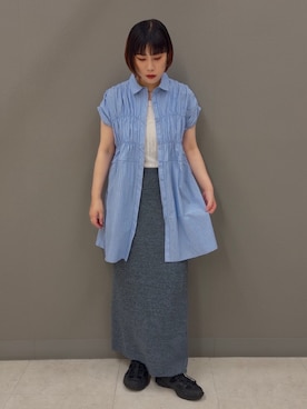 「KBF（ケイビーエフ）のスリーブレスシャーリングミニワンピース（ワンピース、ブルー系）」を使った、まこぴさん（レディース・161cm）の夏コーディネート