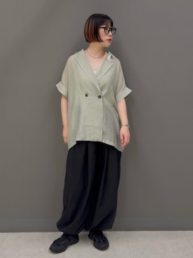 「KBF（ケイビーエフ）のハーフスリーブダブルジャケット（その他アウター、グリーン系）」を使った、まこぴさん（レディース・161cm）の夏コーディネート