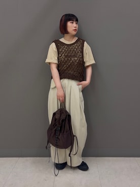 「KBF（ケイビーエフ）のユーズドライクタックWIDEパンツ（その他パンツ、ホワイト系）」を使った、まこぴさん（レディース・161cm）の夏コーディネート