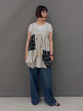「KBF（ケイビーエフ）のWIDEレッグアジャストデニム（デニムパンツ、ブルー系）」を使った、まこぴさん（レディース・161cm）の夏コーディネート