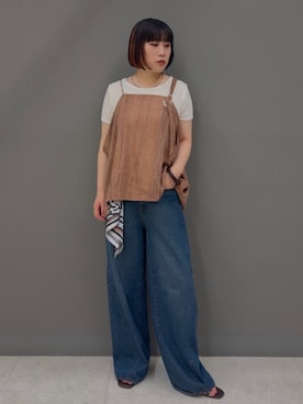 「KBF（ケイビーエフ）のWIDEレッグアジャストデニム（デニムパンツ、ブルー系）」を使った、まこぴさん（レディース・161cm）の夏コーディネート