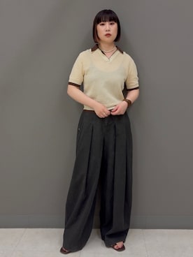 「KBF（ケイビーエフ）のレイヤードライクニットシャツ（ニット/セーター、イエロー系）」を使った、まこぴさん（レディース・161cm）の夏コーディネート