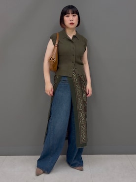 「KBF（ケイビーエフ）のWIDEレッグアジャストデニム（デニムパンツ、ブルー系）」を使った、まこぴさん（レディース・161cm）の夏コーディネート