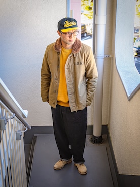 「アイテム（ミリタリージャケット）」を使った、KOHEI さん（メンズ・180cm）の冬コーディネート