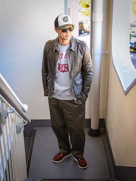 「アイテム（ライダースジャケット）」を使った、KOHEI さん（メンズ・180cm）の冬コーディネート