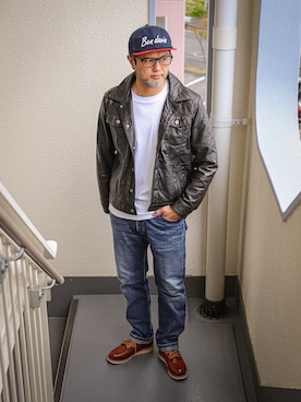 「アイテム（ライダースジャケット）」を使った、KOHEI さん（メンズ・180cm）の春コーディネート