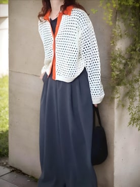 「miette（ミエット）のメッシュ編みポロニットトップス（ニット/セーター、ホワイト系）」を使った、shominnohoshiさん（レディース・146cm）の春コーディネート