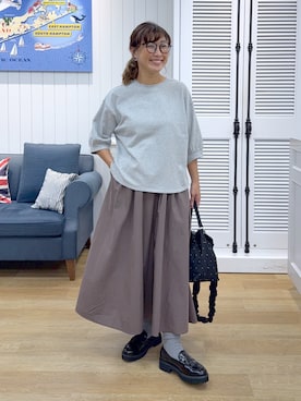 「Dessin（デッサン）のバックヘンリーカットソー5分袖（Tシャツ/カットソー、グレー系）」を使った、Osawaさん（レディース）の秋コーディネート