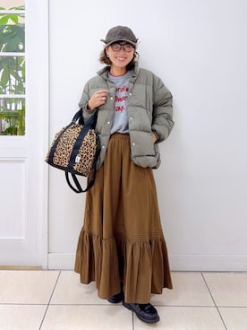 「アイテム（ダウンジャケット/コート、グリーン系）」を使った、Osawaさん（レディース・156cm）の冬コーディネート