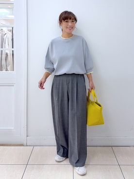 「Dessin（デッサン）の【UVカット/マシンウォッシャブル】6分袖配色ニット（ニット/セーター、グレー系）」を使った、Osawaさん（レディース）の夏コーディネート