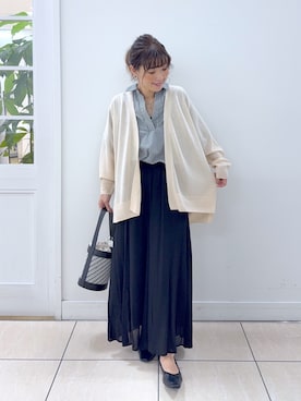 「Dessin（デッサン）の【洗える】ミドル丈シアーカーディガン（カーディガン/ボレロ、ベージュ系）」を使った、Osawaさん（レディース）の春コーディネート
