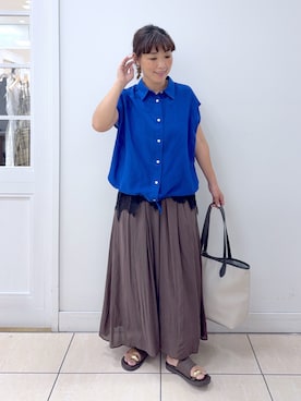 「Dessin（デッサン）のリネンブレンド フレンチスリーブドロストシャツ（シャツ/ブラウス、ブルー系）」を使った、Osawaさん（レディース）の夏コーディネート