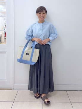 「Dessin（デッサン）の【UVカット】ストライプフリルブラウス6分袖（シャツ/ブラウス、ブルー系）」を使った、Osawaさん（レディース）の夏コーディネート
