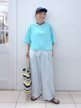 「Dessin（デッサン）の【ユニセックス／リンクコーデ】  ロゴ刺繍キャップ（キャップ、ブルー系）」を使った、Osawaさん（レディース）の夏コーディネート