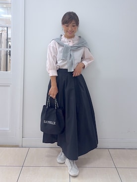 「Dessin（デッサン）の【UVカット】ストライプフリルブラウス6分袖（シャツ/ブラウス、ピンク系）」を使った、Osawaさん（レディース）の夏コーディネート