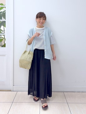 「Dessin（デッサン）の【洗える】ペーパー混ニットベスト（ベスト、ブルー系）」を使った、Osawaさん（レディース）の春コーディネート
