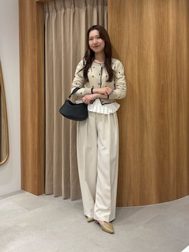 「CAPRICIEUX LE'MAGE（カプリシューレマージュ）のモノグラムカーディガン（カーディガン/ボレロ、ベージュ系）」を使った、yu _lemageさん（レディース・167cm）の春コーディネート