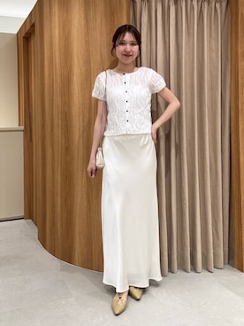 「CAPRICIEUX LE'MAGE（カプリシューレマージュ）のシャーリング半袖カーディガン（カーディガン/ボレロ、ホワイト系）」を使った、yu _lemageさん（レディース・167cm）の春コーディネート