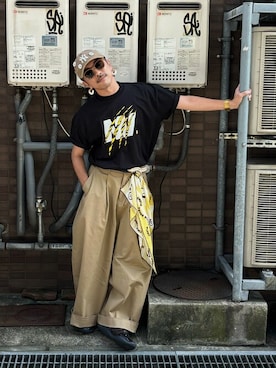 「NOSTALVIA（ノスタルヴィア）の【阪神タイガース90周年 × NOSTALVIA（ノスタルヴィア）】Tigers Claw / タイガースクロー Tシャツ（Tシャツ/カットソー、ブラック系）」を使った、NOSTALVIAさん（メンズ・180cm）の夏コーディネート