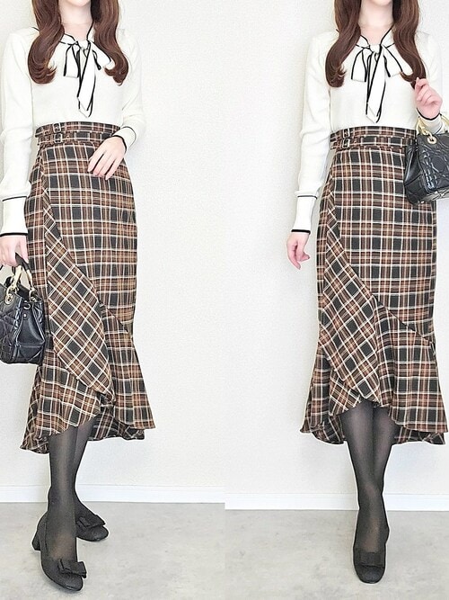 DABUWAWAフリース スカート チェック柄 スリム ミモレ丈 STYLEBLOCK スカート チェック柄ミモレ丈プリーツスカート