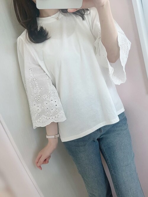 セール】レディース 異素材切替フレア袖レースTシャツ プル