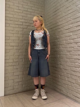 「ハーフパンツ」｜「アイテム（デニムパンツ）」を使った、shi0ri68さん（レディース・155cm）の夏コーディネート