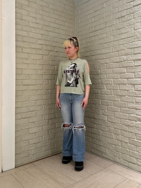 「HYSTERIC GLAMOUR（ヒステリックグラマー）のローライズフレアデニムパンツ（デニムパンツ、ブルー系）」を使った、shi0ri68さん（レディース）の春コーディネート
