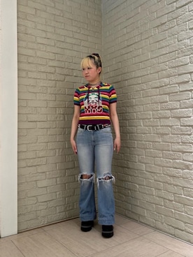 「HYSTERIC GLAMOUR（ヒステリックグラマー）のローライズフレアデニムパンツ（デニムパンツ、ブルー系）」を使った、shi0ri68さん（レディース）の春コーディネート