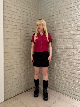 「HYSTERIC GLAMOUR（ヒステリックグラマー）のフロントジップナイロンミニスカート（スカート、ブラック系）」を使った、shi0ri68さん（レディース）の春コーディネート