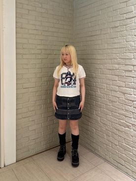 「HYSTERIC GLAMOUR（ヒステリックグラマー）のスクラッチAラインデニムミニスカート（デニムスカート、ブルー系）」を使った、shi0ri68さん（レディース）の春コーディネート