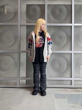 「HYSTERIC GLAMOUR（ヒステリックグラマー）のスクラッチフレアデニムパンツ（デニムパンツ、ブラック系）」を使った、shi0ri68さん（レディース）の夏コーディネート