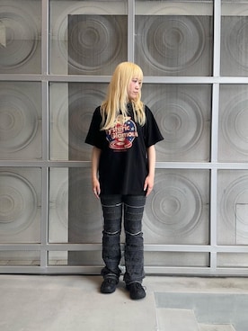 「HYSTERIC GLAMOUR（ヒステリックグラマー）のスクラッチフレアデニムパンツ（デニムパンツ、ブラック系）」を使った、shi0ri68さん（レディース）の夏コーディネート
