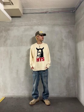 「HYSTERIC GLAMOUR（ヒステリックグラマー）のブッシュデニムパンツ（デニムパンツ、ブルー系）」を使った、taichiさん（メンズ・174cm）の秋コーディネート