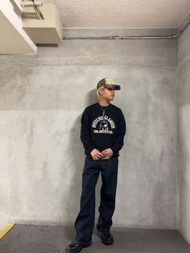 「HYSTERIC GLAMOUR（ヒステリックグラマー）の1タックワイドデニムパンツ（デニムパンツ、ブルー系）」を使った、taichiさん（メンズ・174cm）の秋コーディネート