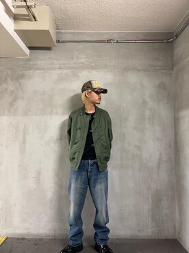 「HYSTERIC GLAMOUR（ヒステリックグラマー）のストレートデニムパンツ（デニムパンツ、ブルー系）」を使った、taichiさん（メンズ・174cm）の秋コーディネート