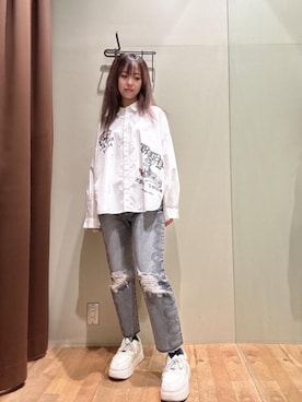 「HYSTERIC GLAMOUR（ヒステリックグラマー）のSNAKE LOOP 8分丈クラッシュデニムパンツ（デニムパンツ）」を使った、hzktoさん（レディース・161cm）の夏コーディネート