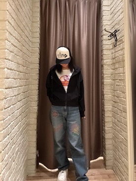 「HYSTERIC GLAMOUR（ヒステリックグラマー）のENJOY ROCK メッシュキャップ（キャップ、ブラック系）」を使った、hzktoさん（レディース）の春コーディネート