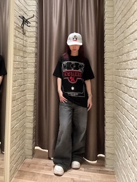「HYSTERIC GLAMOUR（ヒステリックグラマー）のデニムワイドパンツ（デニムパンツ、ブラック系）」を使った、hzktoさん（レディース）の夏コーディネート